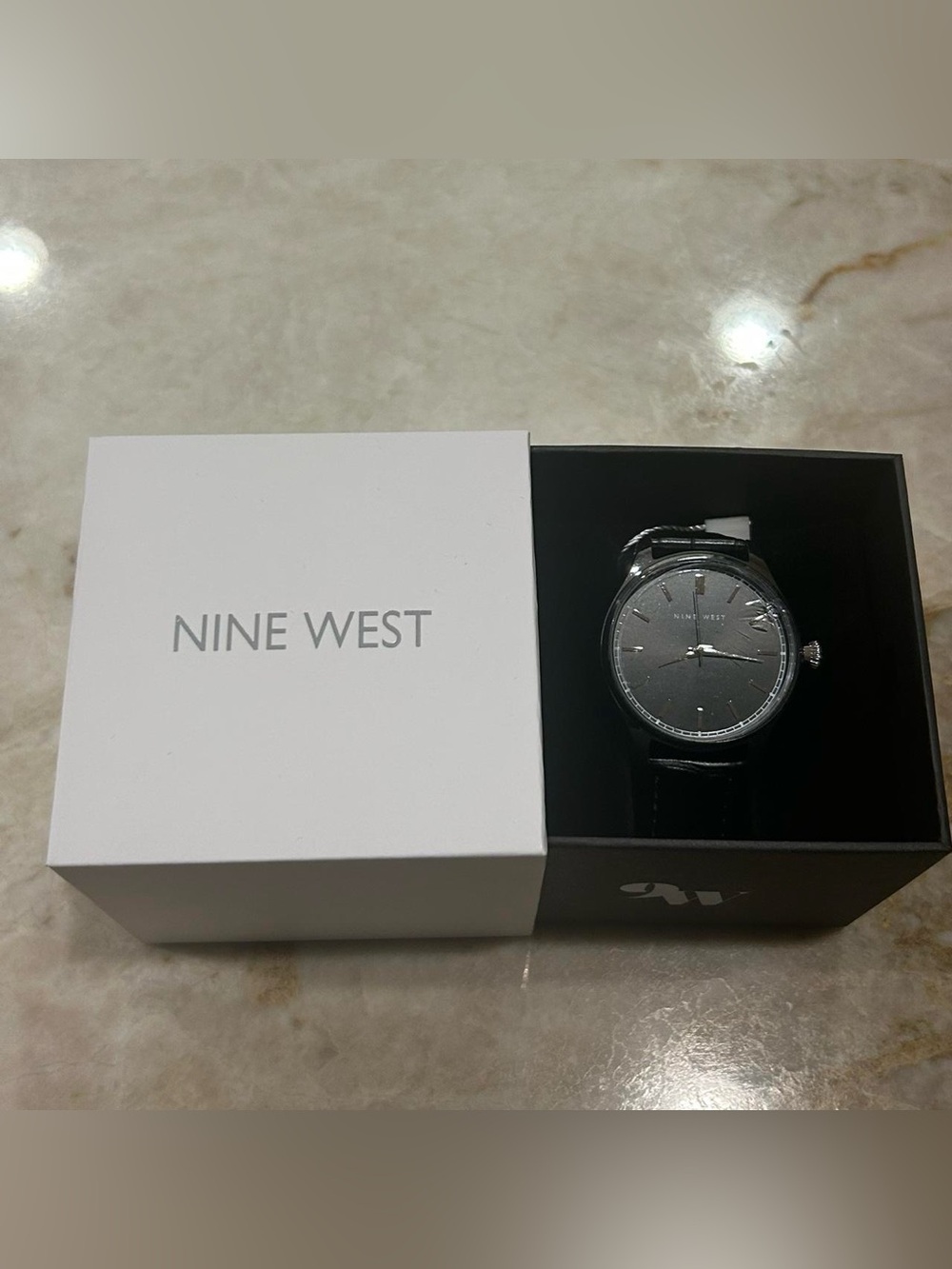 Nine West Men's Black Leather Strap Watch - Black Dial